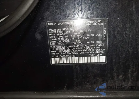 2025 Volkswagen Atlas 2.0T Se W/Technology из США, поврежденный, VIN 1V2KR2CA9SC552790